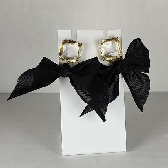 Black Bow & Glass Faceted Square-Cut Stone Stud Earrings Gold Tone Metal NEW - Picture 5 of 16